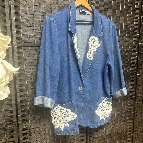 Joanna Vintage Denim w/ Doily Lace Pattern Blazer Jacket Size XL - Picture 3 of 6